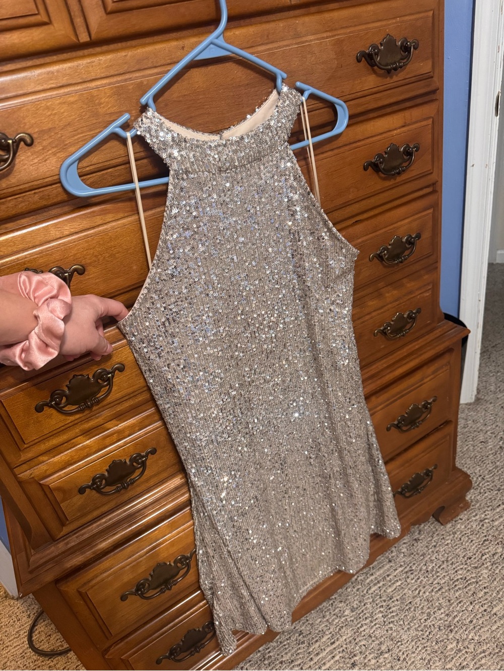 Cable & Gauge Sequin Halter Dress in Champagne Silver